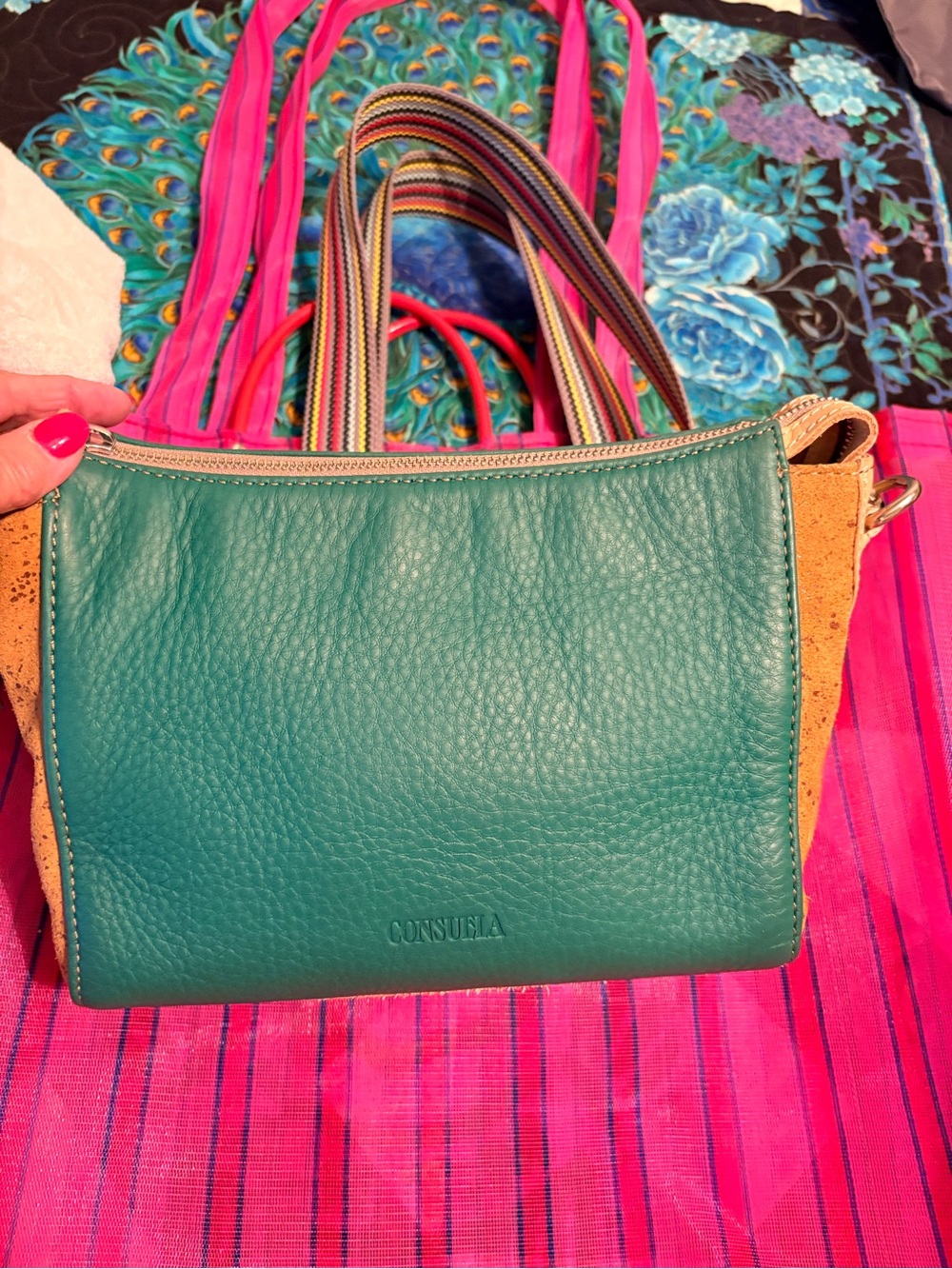 Consuela Teal and Cork Leather Crossbody with Striped Strap